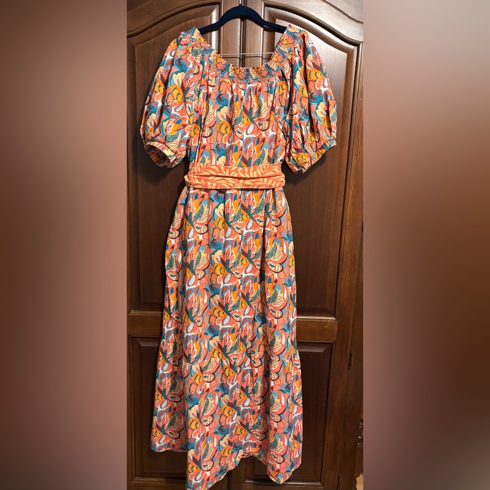 AURA cotton OFF THE SHOULDER button front FLORAL PRINT tiered MAXI DRESS XL - Picture 2 of 4